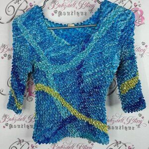 Cadie bubble top abstract artist style Blue and Yellow Textured Top